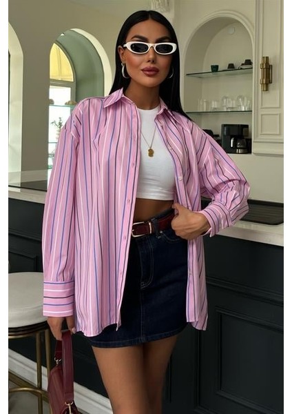 Çizgili Pembe Poplin Gömlek 3451