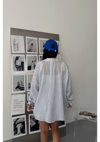 Simli Çizgili Vual Gömlek - Mavi