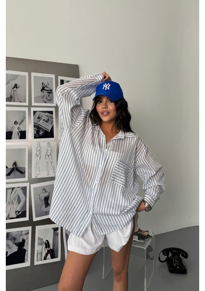 Simli Çizgili Vual Gömlek - Mavi fiyatları