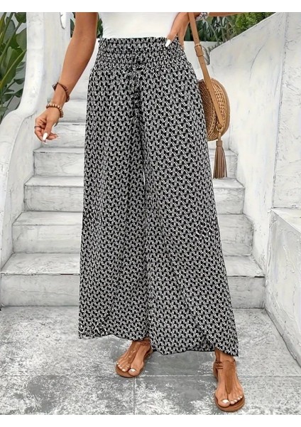 Kadın Yüksek Bel Lastikli Önden Iki Parçalı Desenli Bürümcük Pantolon fiyatları