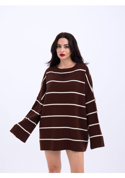 3368 Çizgili Salaş Tunik-Kahve-Krem