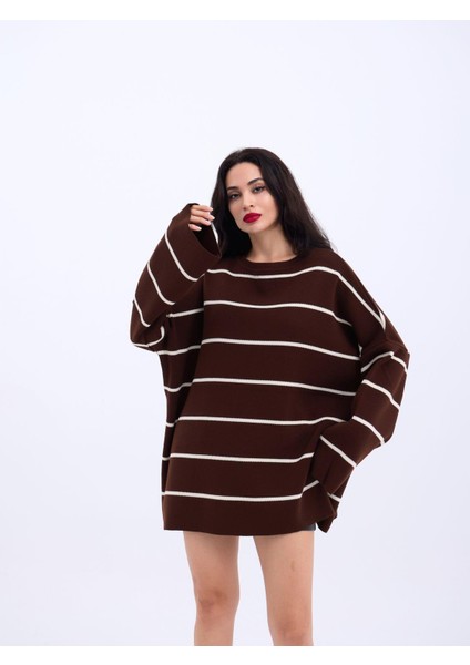 3368 Çizgili Salaş Tunik-Kahve-Krem