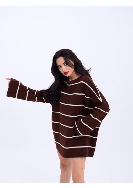3368 Çizgili Salaş Tunik-Kahve-Krem