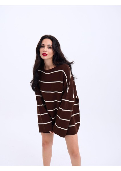 3368 Çizgili Salaş Tunik-Kahve-Krem