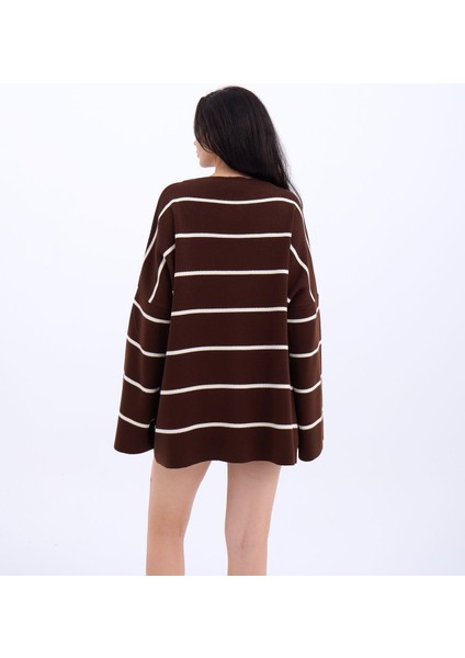3368 Çizgili Salaş Tunik-Kahve-Krem