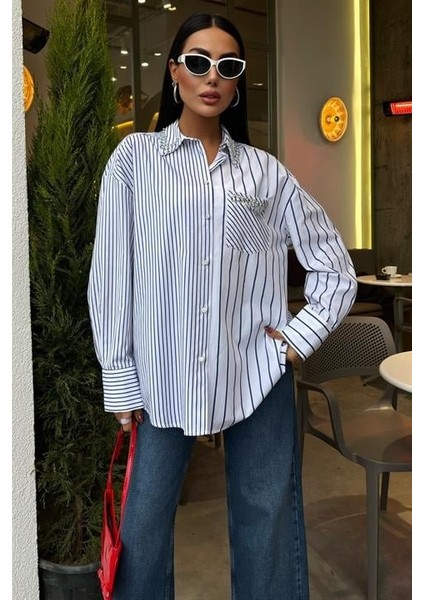 Yaka ve Cebi Taşlı Çizgili Over Gömlek 3406