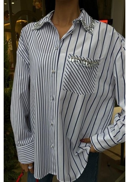 Yaka ve Cebi Taşlı Çizgili Over Gömlek 3406 fiyatları