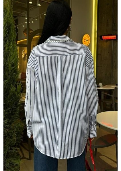 Yaka ve Cebi Taşlı Çizgili Over Gömlek 3406 modelleri