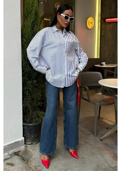 Yaka ve Cebi Taşlı Çizgili Over Gömlek 3406 fırsatları