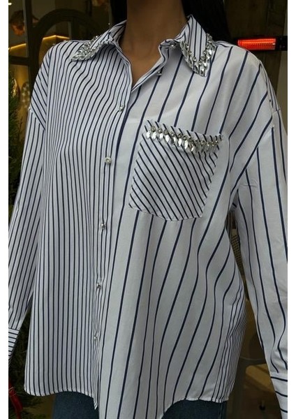 Yaka ve Cebi Taşlı Çizgili Over Gömlek 3406 indirimleri