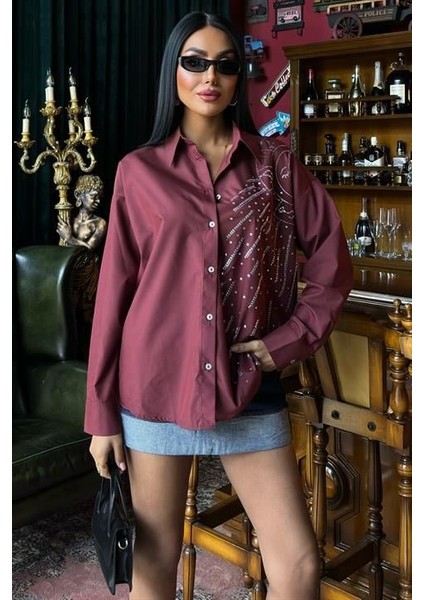 Ay Figürlü Taş Işlemeli Poplin Gömlek 3440
