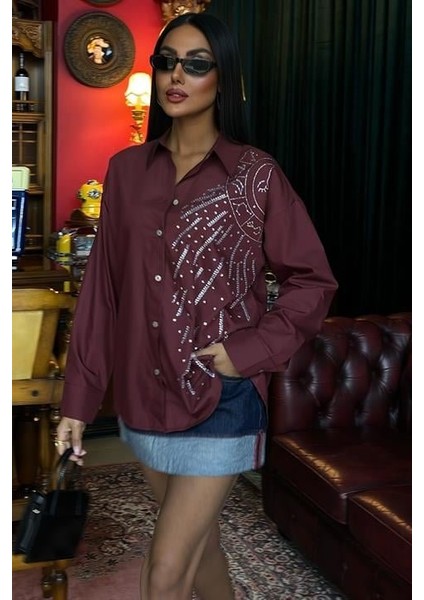 Ay Figürlü Taş Işlemeli Poplin Gömlek 3440 indirimleri