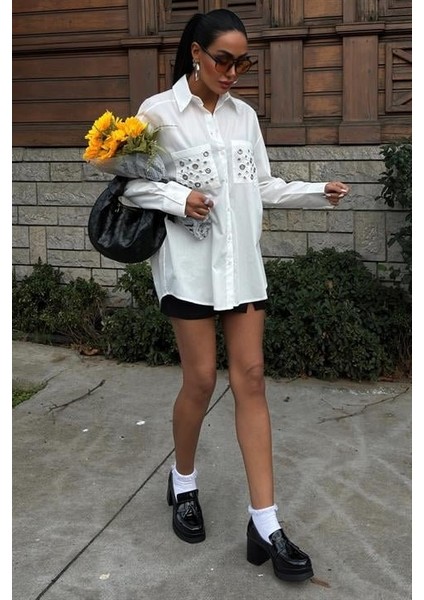 Metal Kuşgözü Detaylı Poplin Gömlek 3453