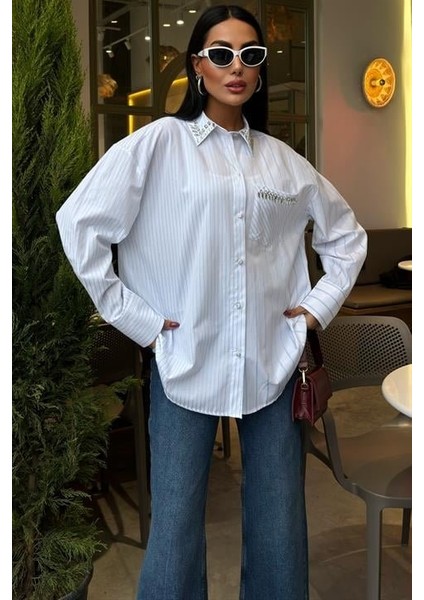 Yaka ve Cebi Taşlı Çizgili Over Gömlek 3406