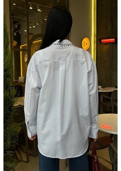 Yaka ve Cebi Taşlı Çizgili Over Gömlek 3406 modelleri