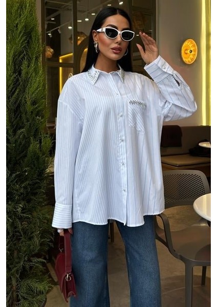 Yaka ve Cebi Taşlı Çizgili Over Gömlek 3406 indirimleri
