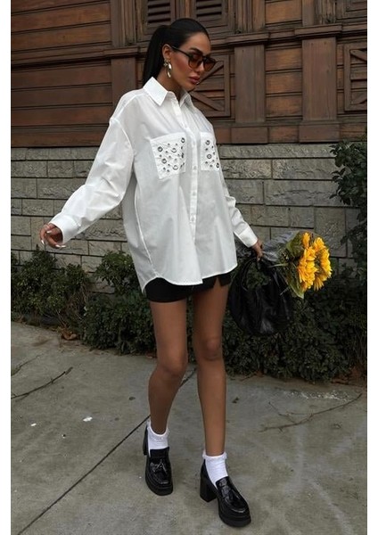 Metal Kuşgözü Detaylı Poplin Gömlek 3453 fırsatları