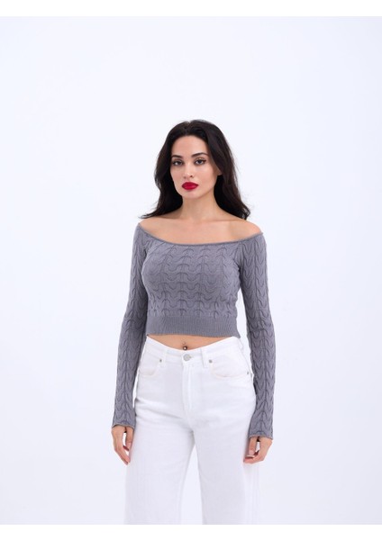42241 Triko Kayık Yaka Crop-Gri