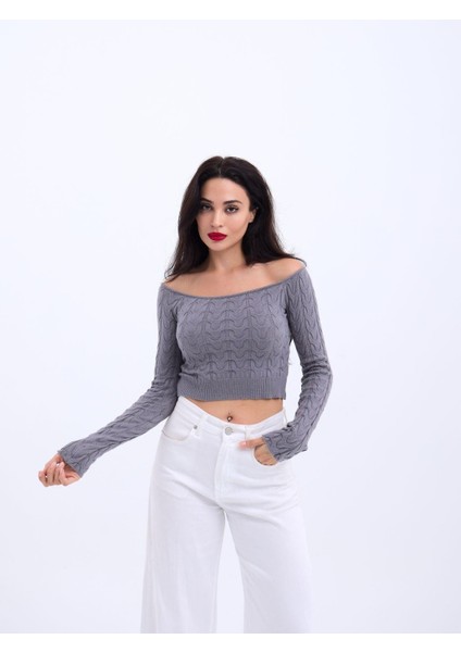 42241 Triko Kayık Yaka Crop-Gri