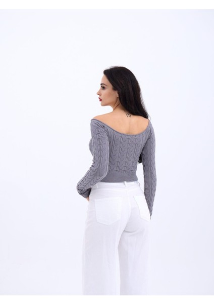 42241 Triko Kayık Yaka Crop-Gri