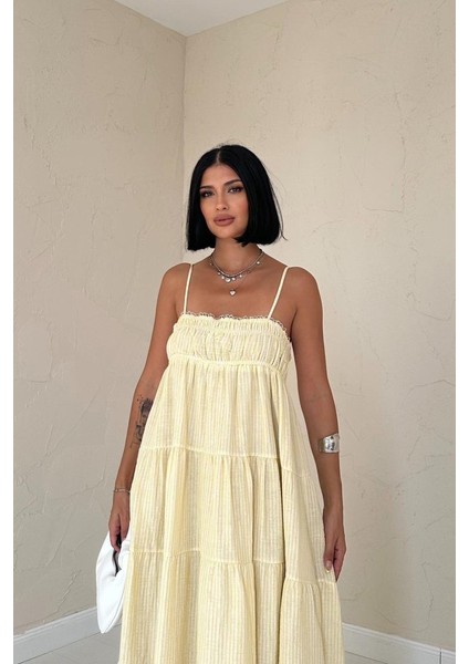 Sarı Askılı Parçalı Çizgili Müslin Elbise fiyatları