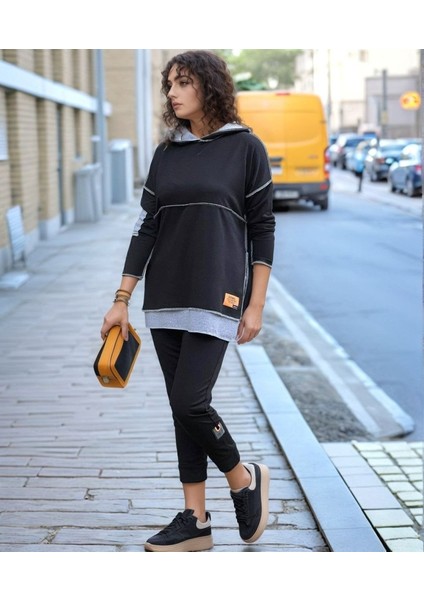 Kadın Siyah Kapşonlu Etek Ucu Detay Arma Ters Dikiş Gorunumlu Ikili Takım fiyatları
