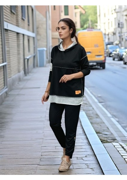 Kadın Siyah Kapşonlu Etek Ucu Detay Arma Ters Dikiş Gorunumlu Ikili Takım fırsatları