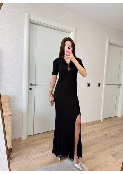 Yakalı Fitilli Kısa Kollu Uzun Triko Elbise - Siyah