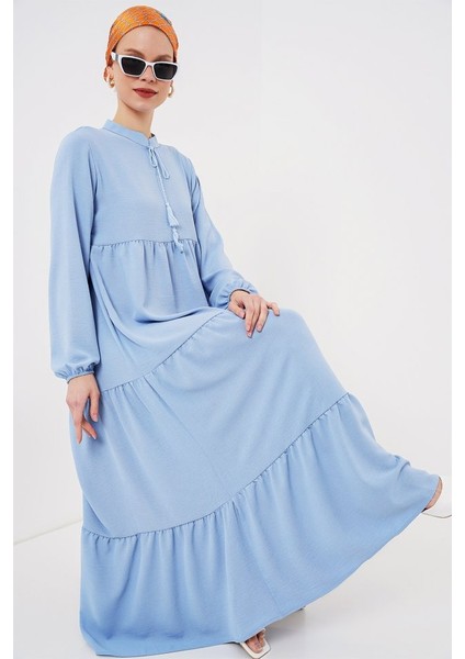 1627 Yaka Bağcıklı Tesettür Elbise - Koyu Mavi