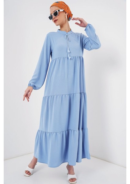 1627 Yaka Bağcıklı Tesettür Elbise - Koyu Mavi fiyatları