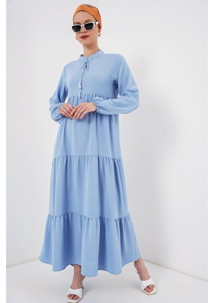 1627 Yaka Bağcıklı Tesettür Elbise - Koyu Mavi modelleri