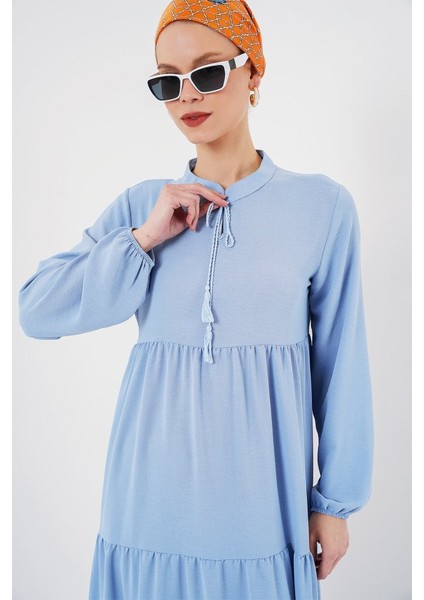 1627 Yaka Bağcıklı Tesettür Elbise - Koyu Mavi fırsatları