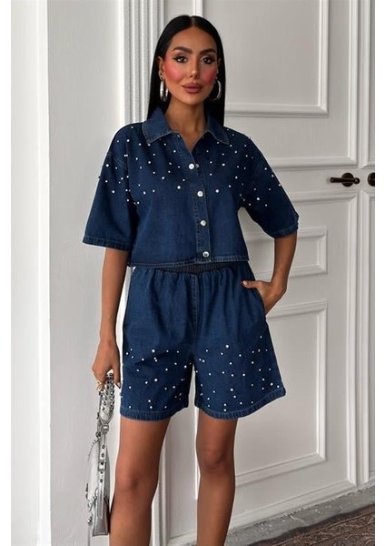 Taş Detaylı Gömlek Şort Denim Takım 10175