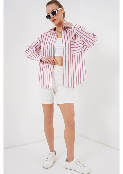 Çizgili Oversize Gömlek 20278 - Kırmızı fiyatları