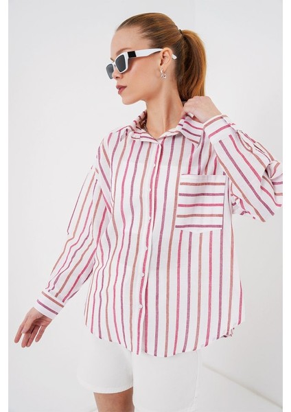 Çizgili Oversize Gömlek 20278 - Kırmızı modelleri