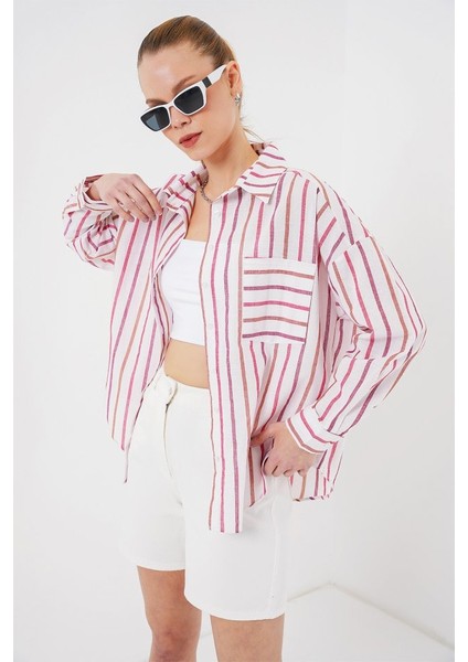 Çizgili Oversize Gömlek 20278 - Kırmızı fırsatları