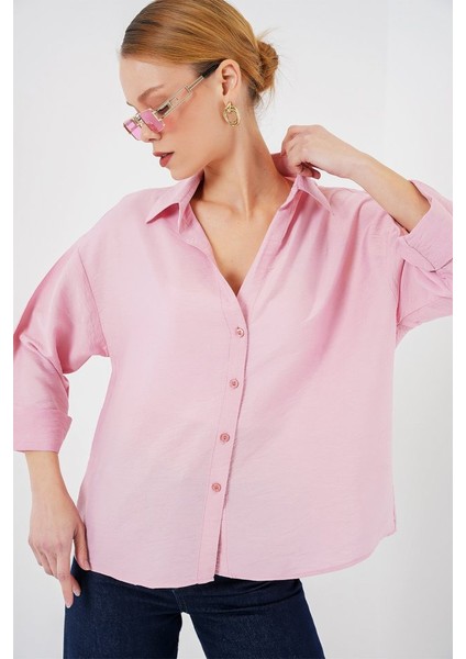 Oversize Kısa Kol Gömlek 20315 - Pembe