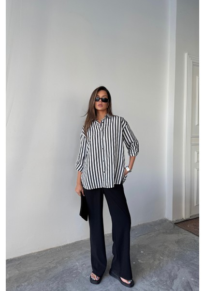 Çizgili Gömlek Keten - Siyah fiyatları