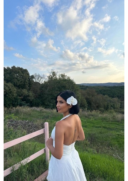 Ekru Askılı Keten Elbise