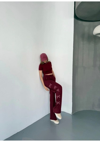 Osy Modal Yumuşak Dokulu Kumaş Nakış Işlemeli Rahat Bol Paça Eşofman Pantalon - Bordo fiyatları