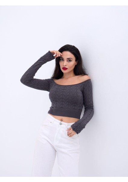 42241 Triko Kayık Yaka Crop-Antrasit
