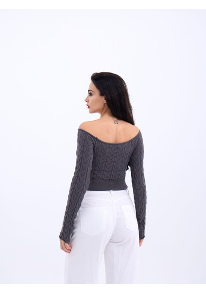 42241 Triko Kayık Yaka Crop-Antrasit