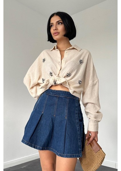 Krem Taş Işlemeli Gömlek fırsatları