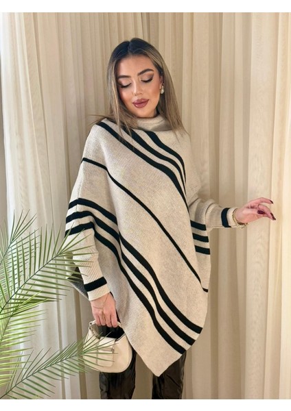 Kadın Uzun Yarasa Kollu Yüksek Boyunlu Asimetrik Kesim Triko Pelerin Kazak