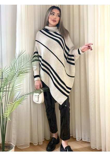 Kadın Uzun Yarasa Kollu Yüksek Boyunlu Asimetrik Kesim Triko Pelerin Kazak indirimleri