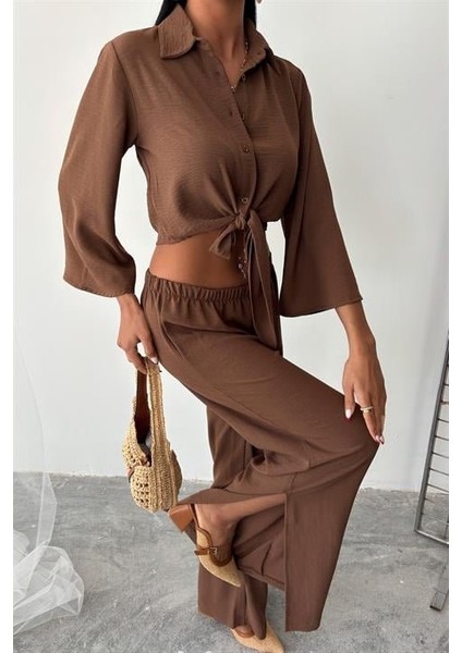 Bağlamalı Gömlek ve Yırtmaç Pantolonlu Ayrobin Takım 10179 modelleri