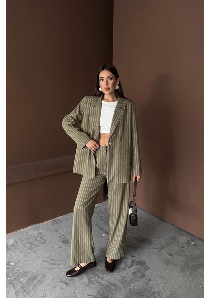 Haki Çizgili Ceket ve Pantolon Takım modelleri