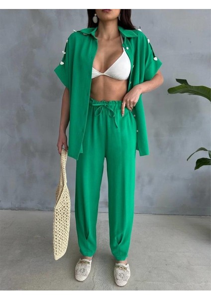 Omuz Midye Sıralı Bluz - Paça Pensli Pantolon Takım - Yeşil fiyatları