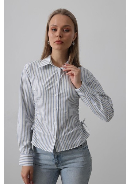 Yanları Büzgülü Çizgili Gömlek - Mavi-Siyah