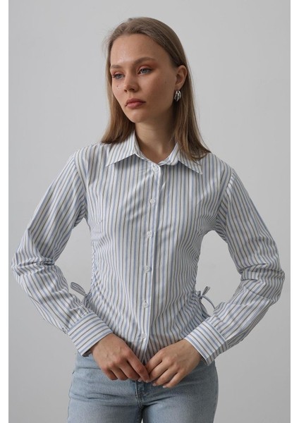 Yanları Büzgülü Çizgili Gömlek - Mavi-Siyah fiyatları